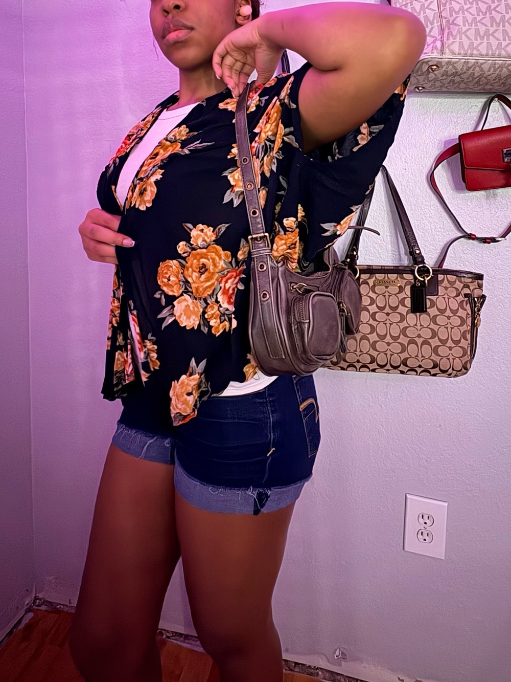 Floral Black Open-Front Kimono Top with Orange Roses